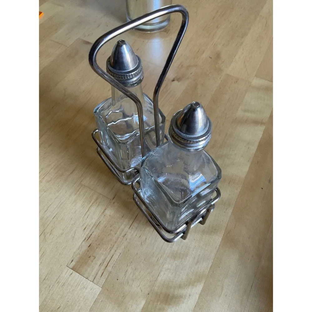 Traex Glass Oil and Vinegar Cruet Set with Chrome Wire Caddy 68020J Clear 3pc